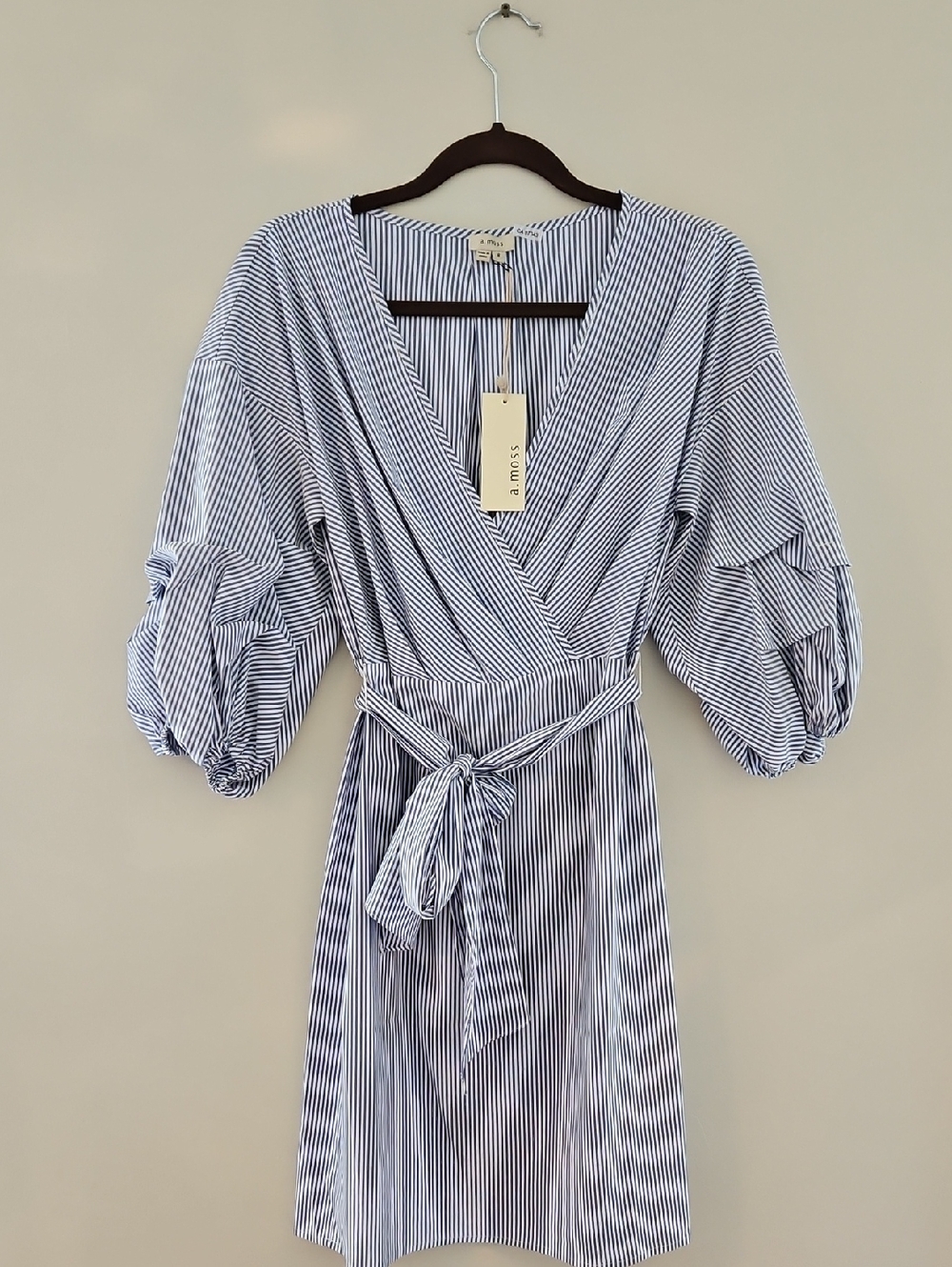 a.moss Blue and White Striped Wrap Dress with Puff Sleeves